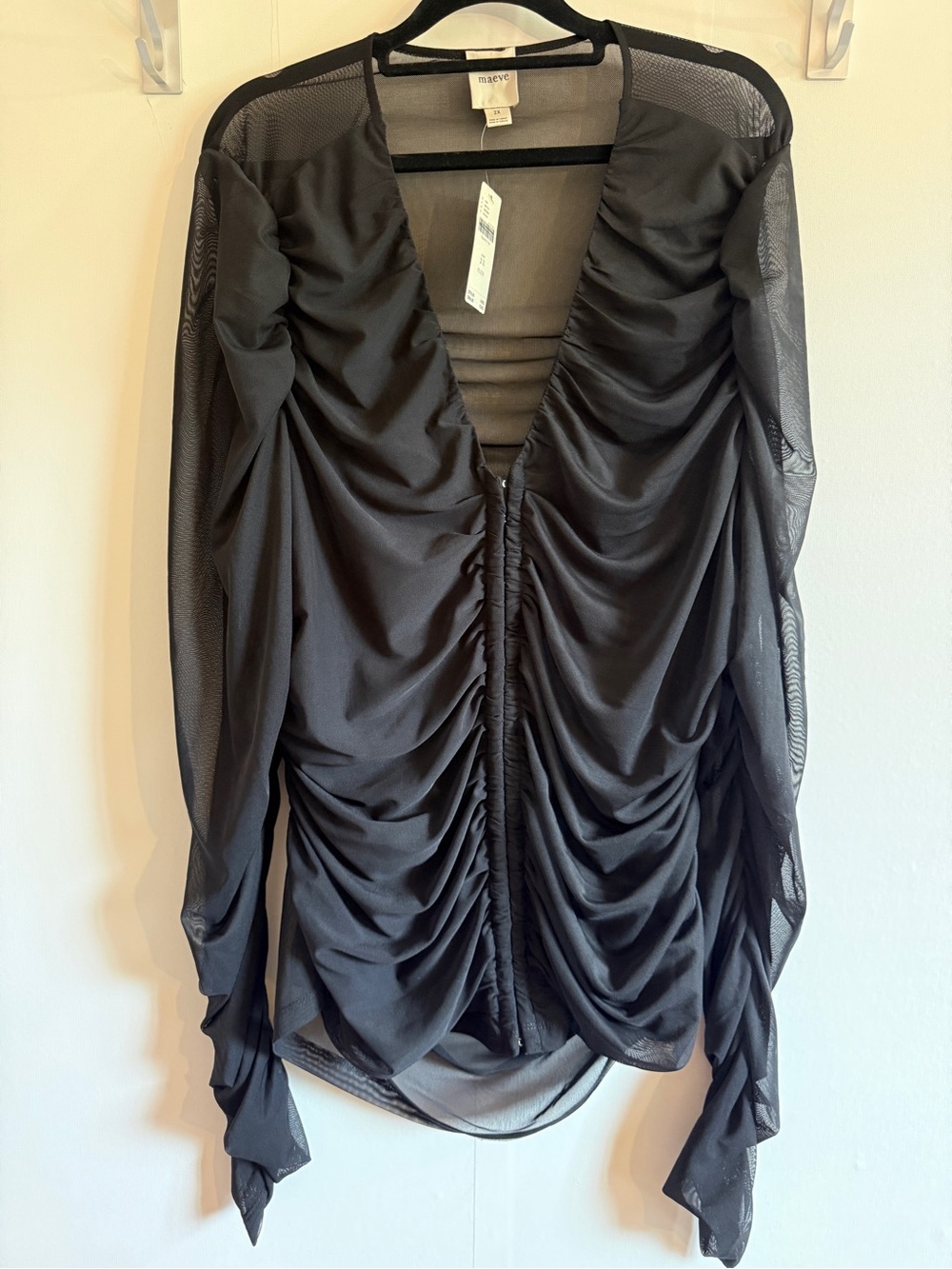 Anthropologie Maeve NWT Black Ruched Mesh Hook Eye Top 2X Plus Goth Chic